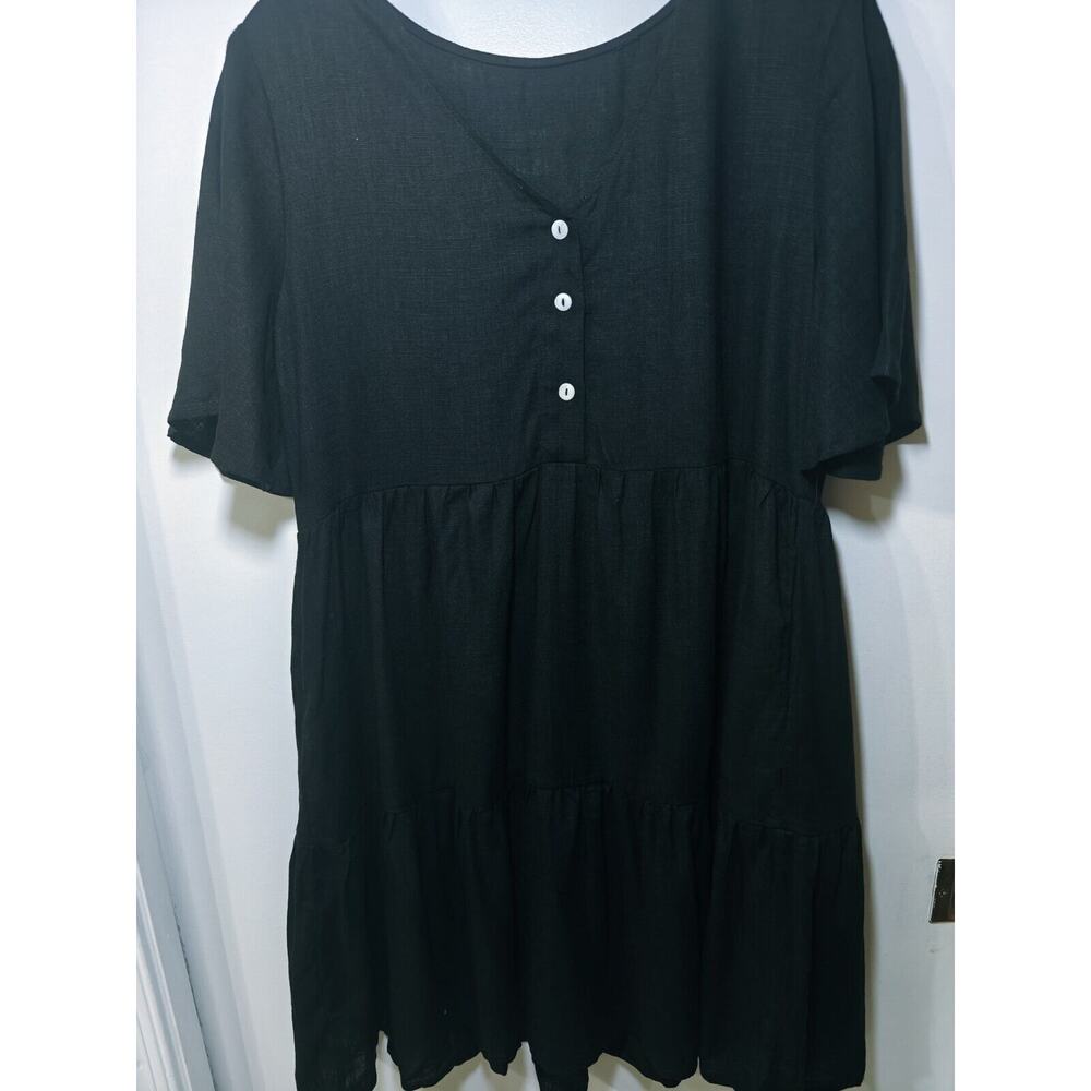 Black Tiered Button Dress With Pockets Size Medium Flax And Viscose Blend  Flow